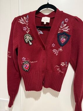 cinq a sept Burgundy Embroidered Patch V-Neck Cardigan